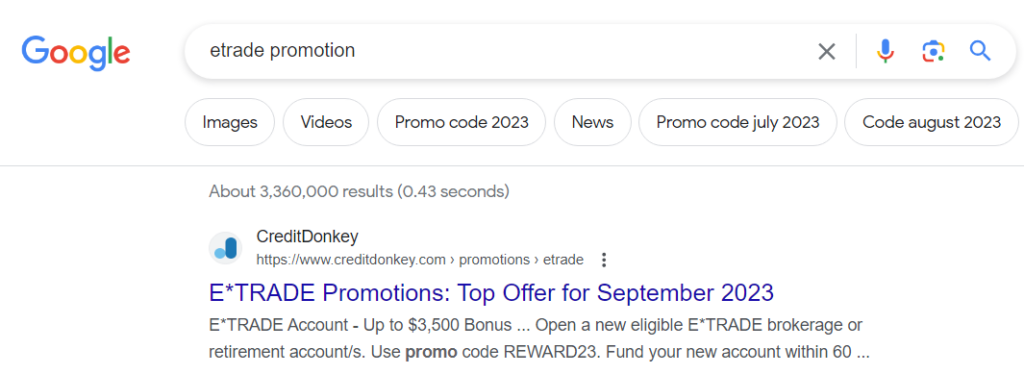credit donkey 1st position for keyword etrade promotion